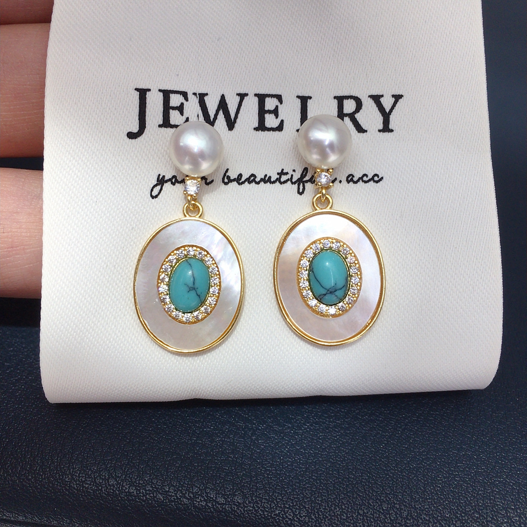 Zhuji Natural Freshwater Pearl Earrings Retro Oval Turquoise Mother-Of-Pearl Fashion Women's Pearl Earrings Earrings Wholesale