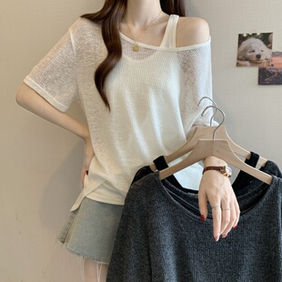 Slightly Chubby mm Design Pure Desire Camisole Spliced Fake Two-Piece Top for Women Plus Size Elegant Casual Chic Loose T-Shirt