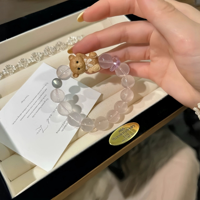 《元气小熊》天然星光粉晶灰月光鹿角根付小熊小清新甜手链女