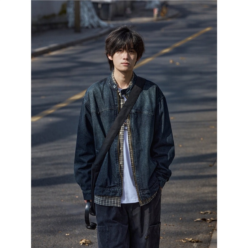 Spring and autumn Japanese-style retro washed denim jacket for men, distressed cityboy boyfriend style, loose and versatile casual jacket