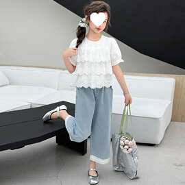 女童洋气新款2026夏季套装儿童中大童花边短袖两件套阔腿裤夏装