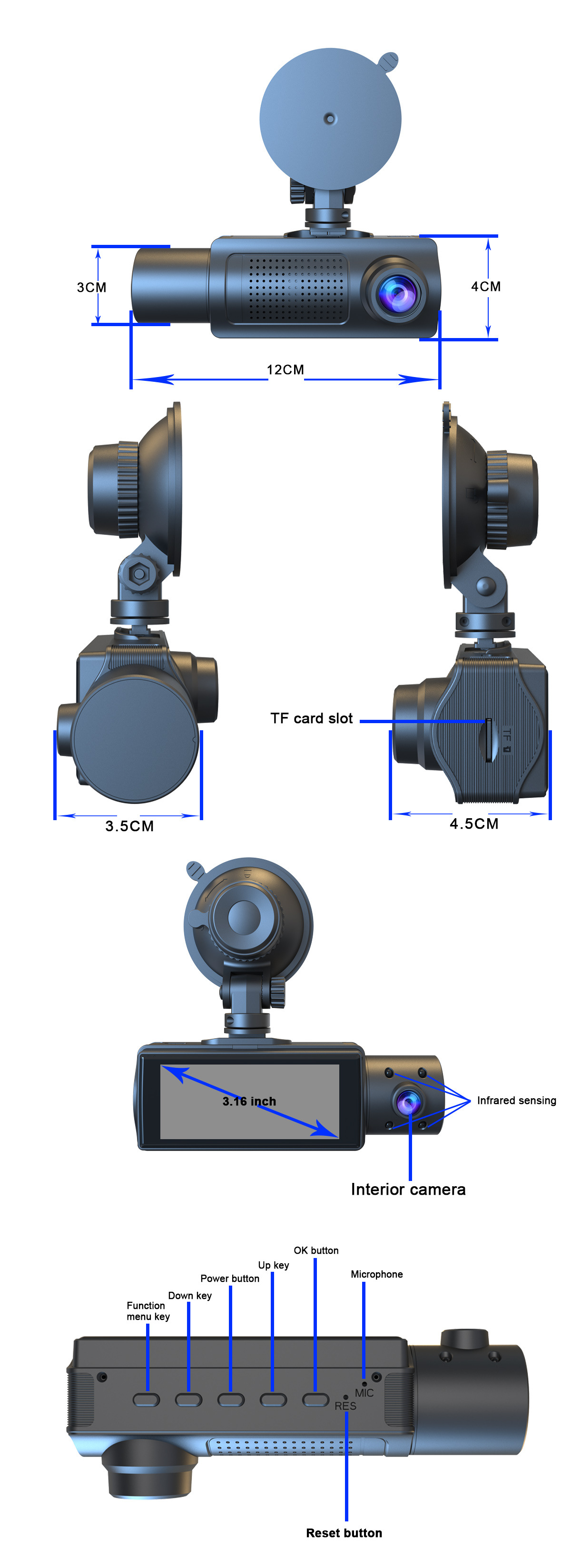 Cross-Border 3.16inch Three-Camera 1080P+480+480+Wifi Dash Cam High-Definition Three-Lens Recorder