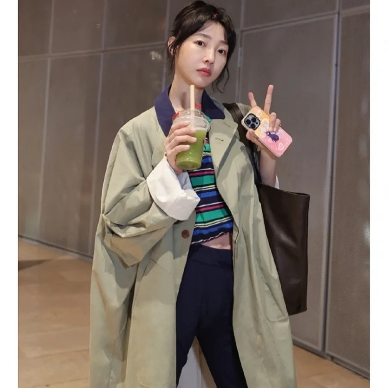 In Stock 2026 Spring New Korean Style Et*Os Mid-Length Solid Color Casual Lapel Single-Breasted Trench Coat for Women