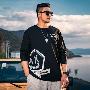 Autumn and Winter T-Shirt for Plus-Size Men, Long-Sleeve Loose Fit, Men's Plus-Size Round Neck Printed Base Shirt