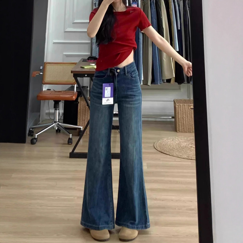 Retro Large Size Fat mm Micro-Flared Jeans for Women in Autumn and Winter, Versatile Blue Slimming Look Low-Waist Elegant Micro-Flared Jeans