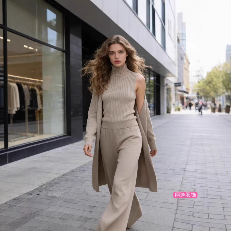 European and American Style Solid Color Casual Suit for Women: Shawl Jacket + High-Neck Knit Top + Wide-Leg Long Pants Three-Piece Set