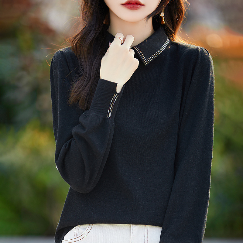 25春秋季新款精纺衬衣领羊毛女衫薄款上衣韩版百搭套头羊绒打底衫