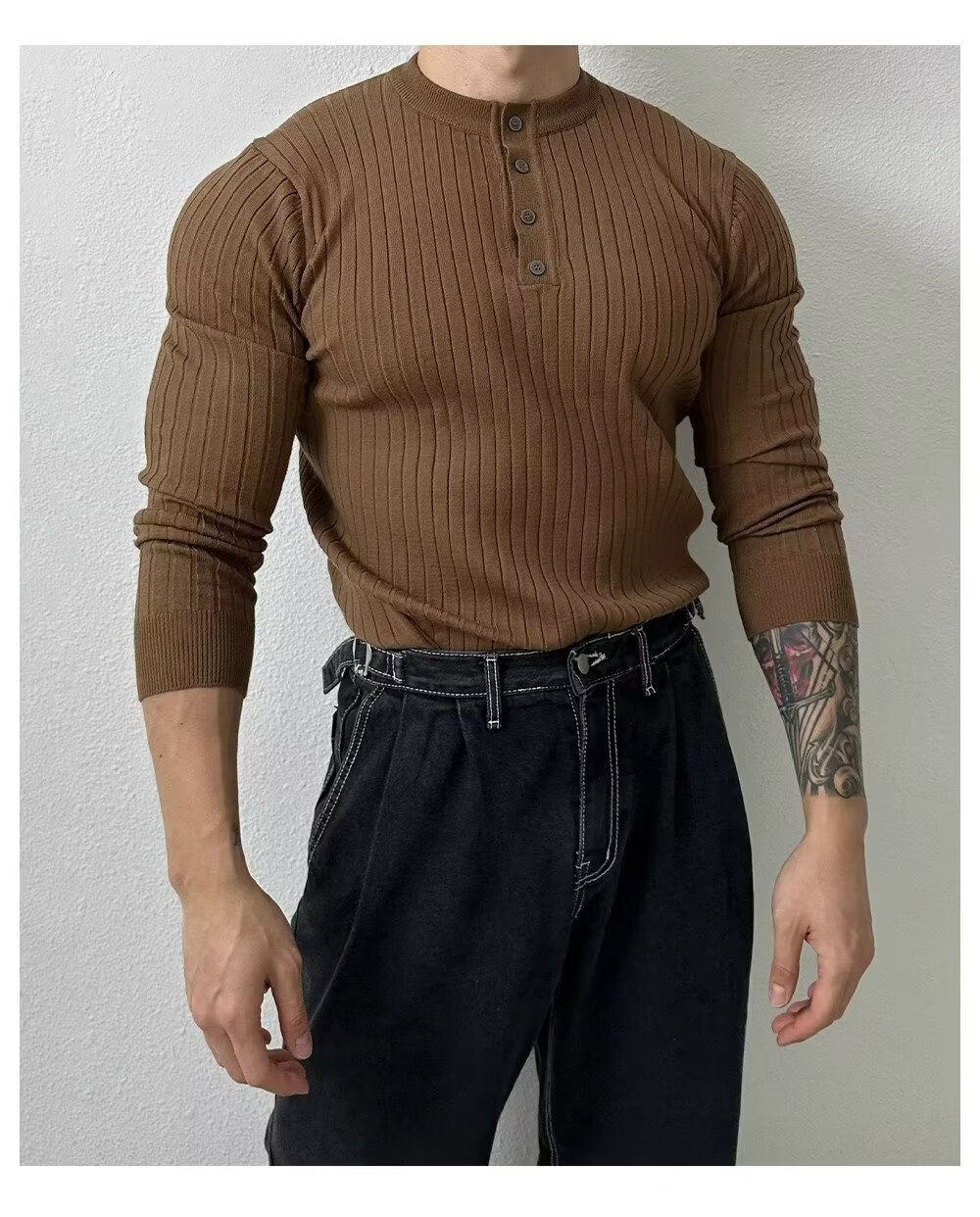 Men's Slim-Fit Henley Knit Shirt - Breathable Polyester Long Sleeve Top, Striped Muscle Fit For Gym & Casual Wear (Spring/Fall Collection)_viptrois.com