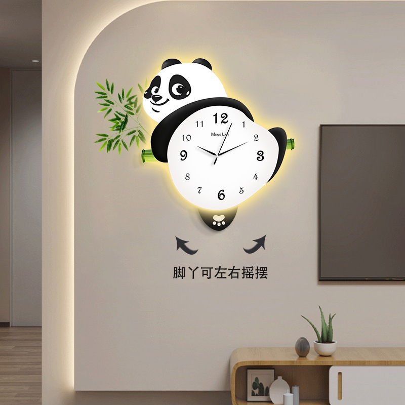 Reloj de pared de la sala de estar de panda reloj de pared de red 2024 nuevo reloj de pared creativo de puerta de entrada luz de pared reloj doméstico de atmósfera