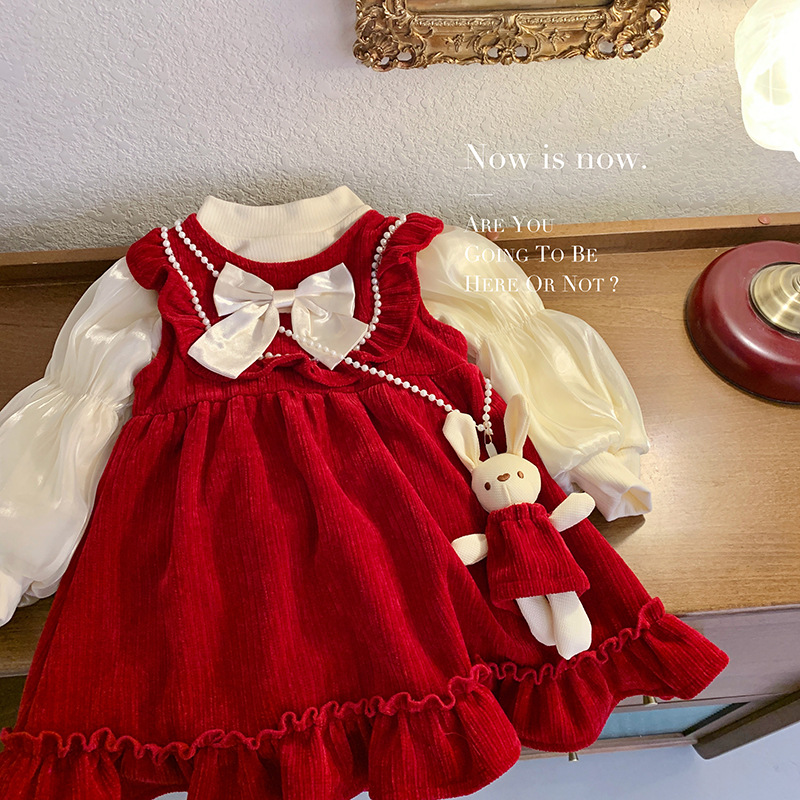 Niñas otoño e invierno conejo colgante traje de base forrado de lana bebé niñas estilo occidental dulce princesa vestido de lana forrado de dos piezas traje de moda