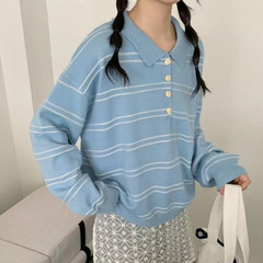 韩系复古条纹polo领套头毛衣女秋冬季新款宽松百搭休闲针织衫上衣