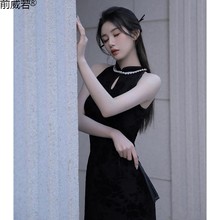 新中式国风复古改良旗袍女夏黑色挂脖连衣裙古着初恋长裙威