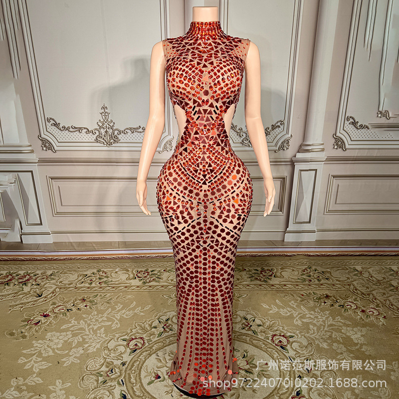 Autumn Half-High Collar Design with Cut Out Waist Cocktail Party Evening Dress Company Annual Meeting Host Dress