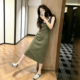 2026新款韩版撞色领无袖针织连衣裙女夏季修身显瘦气质中长款背心