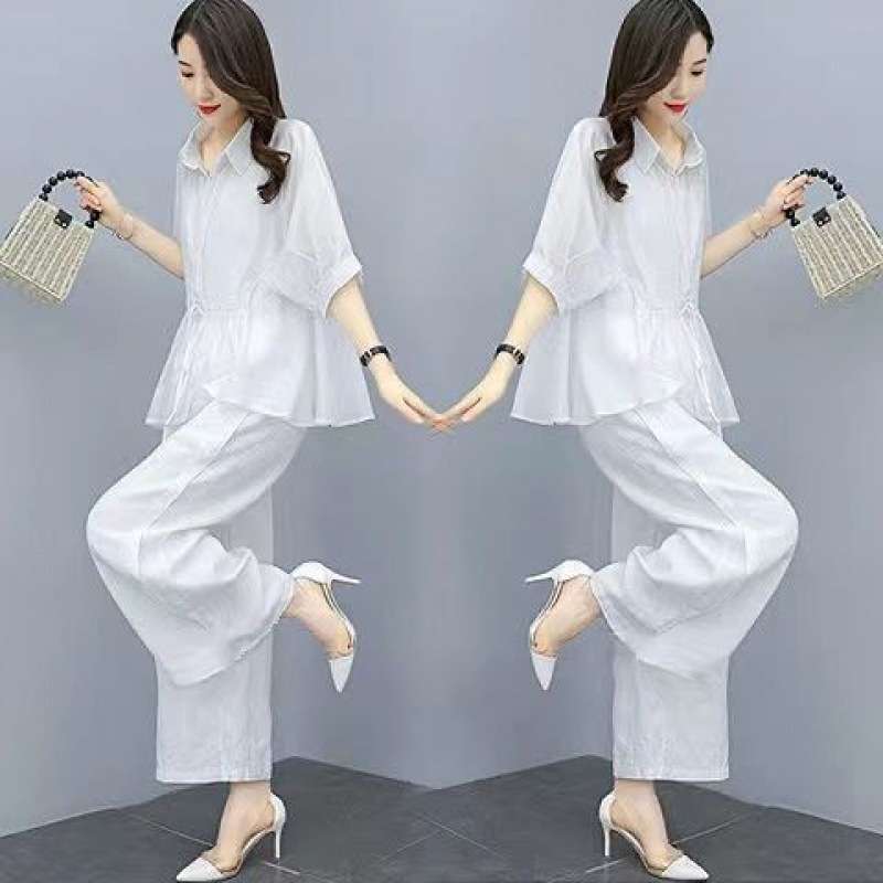 Fashion Cotton and Linen suit Women 2025 Spring and Summer New Elegant Slimming Western Style Age-reducing plus size Wide Leg Pants Two-piece Set Fashion Cotton and Linen suit Women 2025 Spring and Summer New Elegant Slimming Western Style Age-reducing plus size Wide Leg Pants Two-piece Set