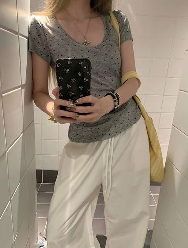 Original Tencel Fabric Women's U-Neck Polka Dot Short-Sleeve T-Shirt Sheer Thin Fitted Base Shirt Straight Shoulder Top