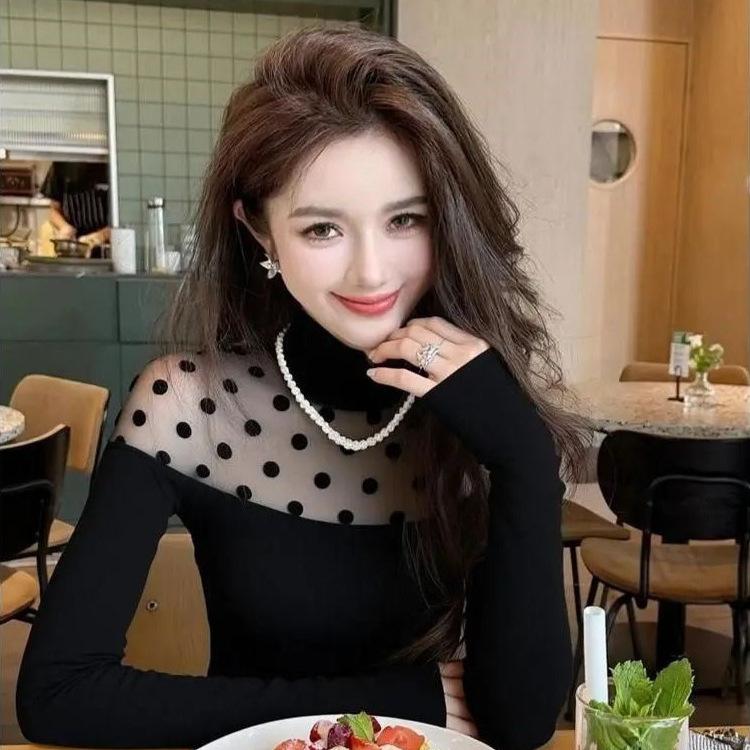 2026 Spring and Autumn New Style Mature Chic Top with a High-End Feel, Unique and Beautiful Lace Polka Dot Patchwork Base Shirt for Women