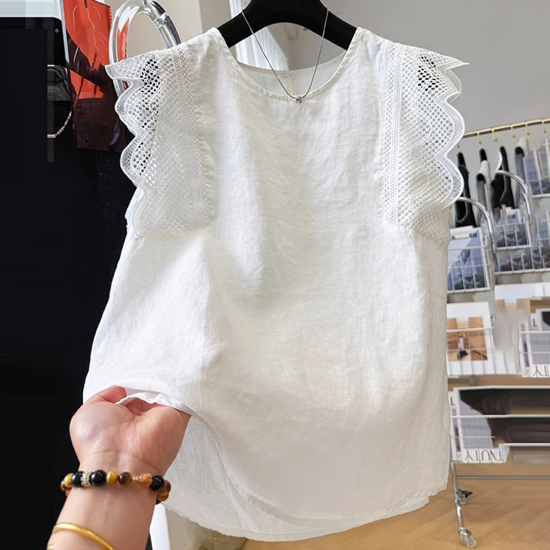 Cross-Border Plus-Size Korean-Style Solid Color Unique Niche Patchwork Lace Sleeveless T-Shirt Loose Casual Top for Women