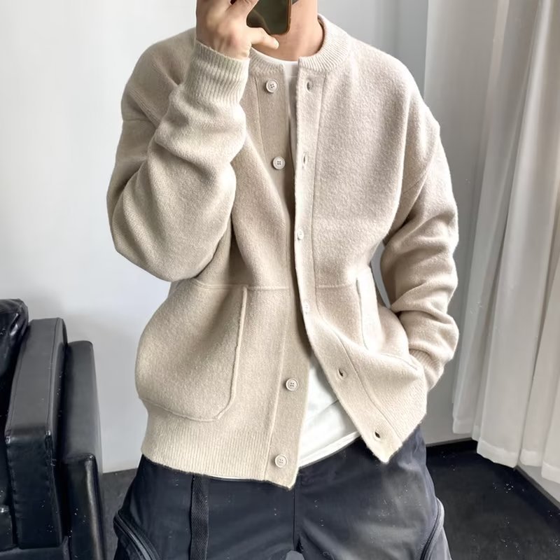 Japanese Wool Cardigan Men's Spring and Autumn Hong Kong Style Knitted Shirt Crewneck Jacket Simple Loose Thickened Sweater Jacket