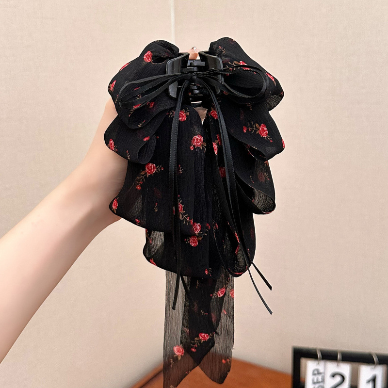 スーパーフェアリーフローラルビッグリボンリボンクリップフォレストスタイルハイエンドシャーククリップ後頭部用シフォン生地ポニーテールクリップ|undefined