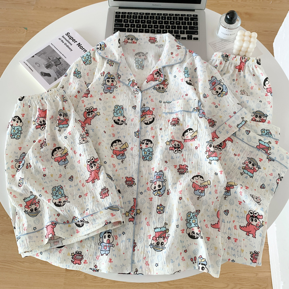 Al por mayor transfronterizo de tres piezas nubes algodón pijama cardigán con solapa mangas cortas pantalones cortos de dibujos animados a cuadros ropa para el hogar