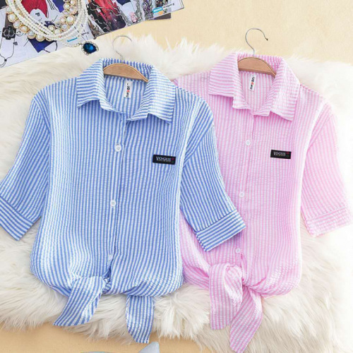 2025 women's summer chiffon shirt, Korean-style loose fit, student striped collar top, trendy