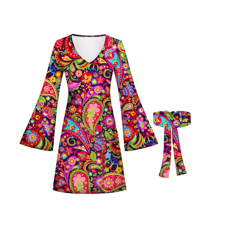 Makeup Costume 70 s Hippie Disco Costume Holiday Dress Turban Printed dress Two-Piece Set
