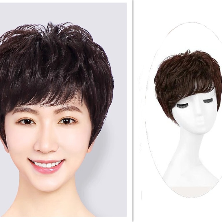 Wig short hair women's real hair full real hair middle-aged and elderly mother's full head cover real hair wig natural