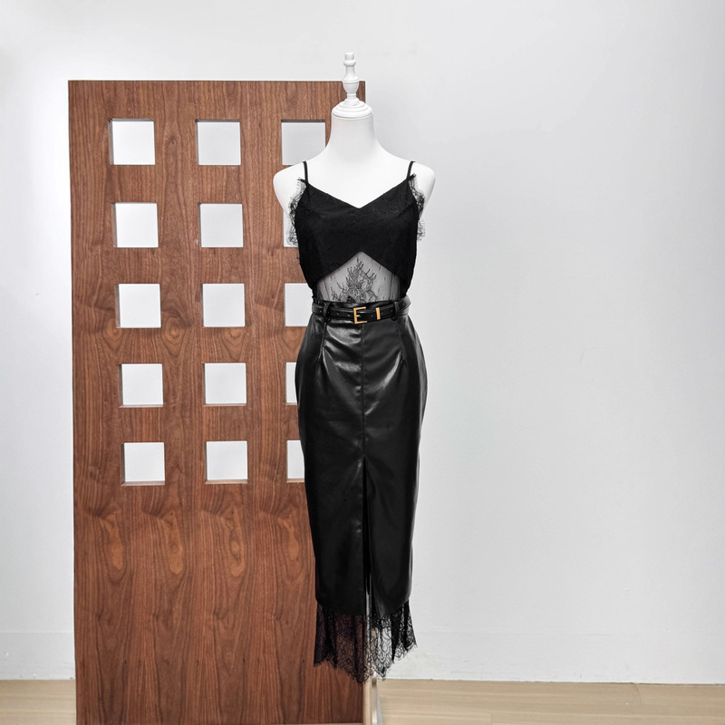 25 Early Autumn Modern Retro Sexy Fashionable Spaghetti Strap Lace Slightly See-Through Double-Layer Splicing Suspender Dress for Women