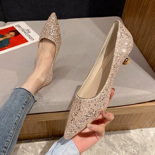 315-32 socialite gold high heels design sense temperament pointed shoes women's 2021 New elegant mid-heel shoes