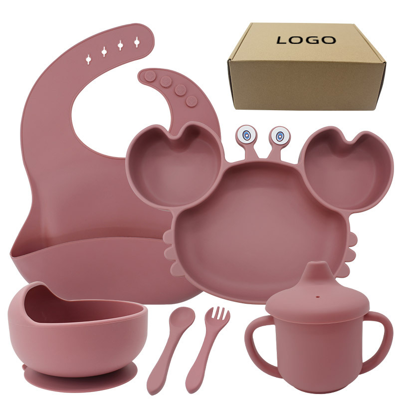 Plato de cena de cangrejo para niños vajilla de dibujos animados de alimentación de silicona bebé pezón taza de paja traje de combinación de vajilla de seis piezas