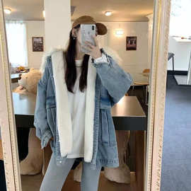 牛仔外套女秋冬季宽松韩版百搭大毛领棉衣新款加绒加厚棉服外套潮