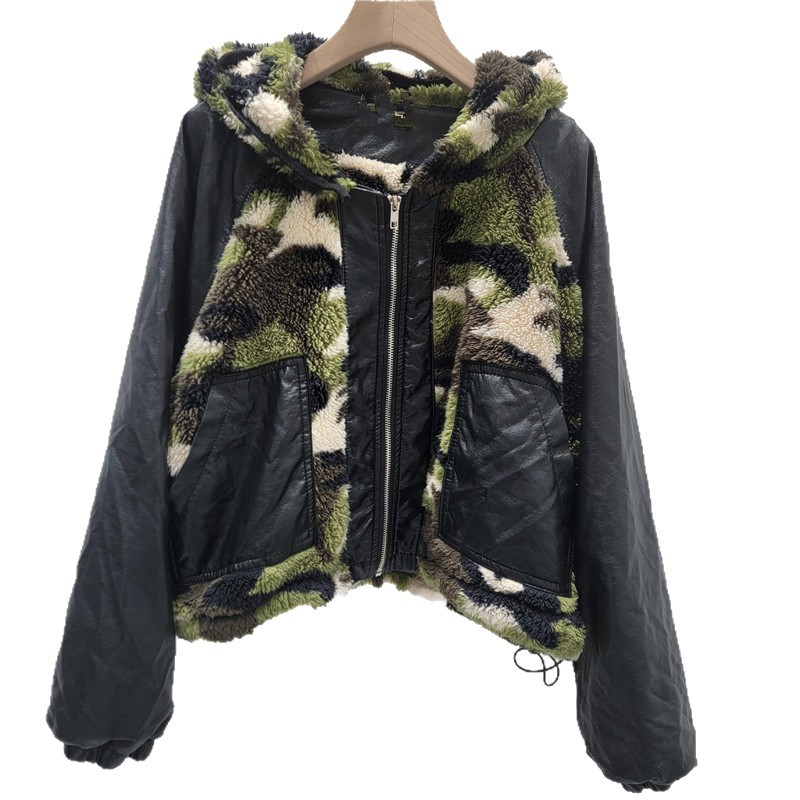 American retro cuero PU camuflaje ropa de algodón de peluche mujer moda coreana suelta abrigo de algodón caliente