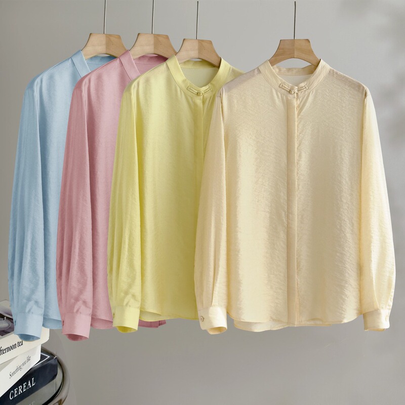Elegant Small Stand-Up Collar New Chinese Style Long-Sleeved Shirt for Women, Spring New Style, Loose-Fitting Yellow Top Made of Mulberry Silk Elegant Small Stand-Up Collar New Chinese Style Long-Sleeved Shirt for Women, Spring New Style, Loose-Fitting Yellow Top Made of Mulberry Silk