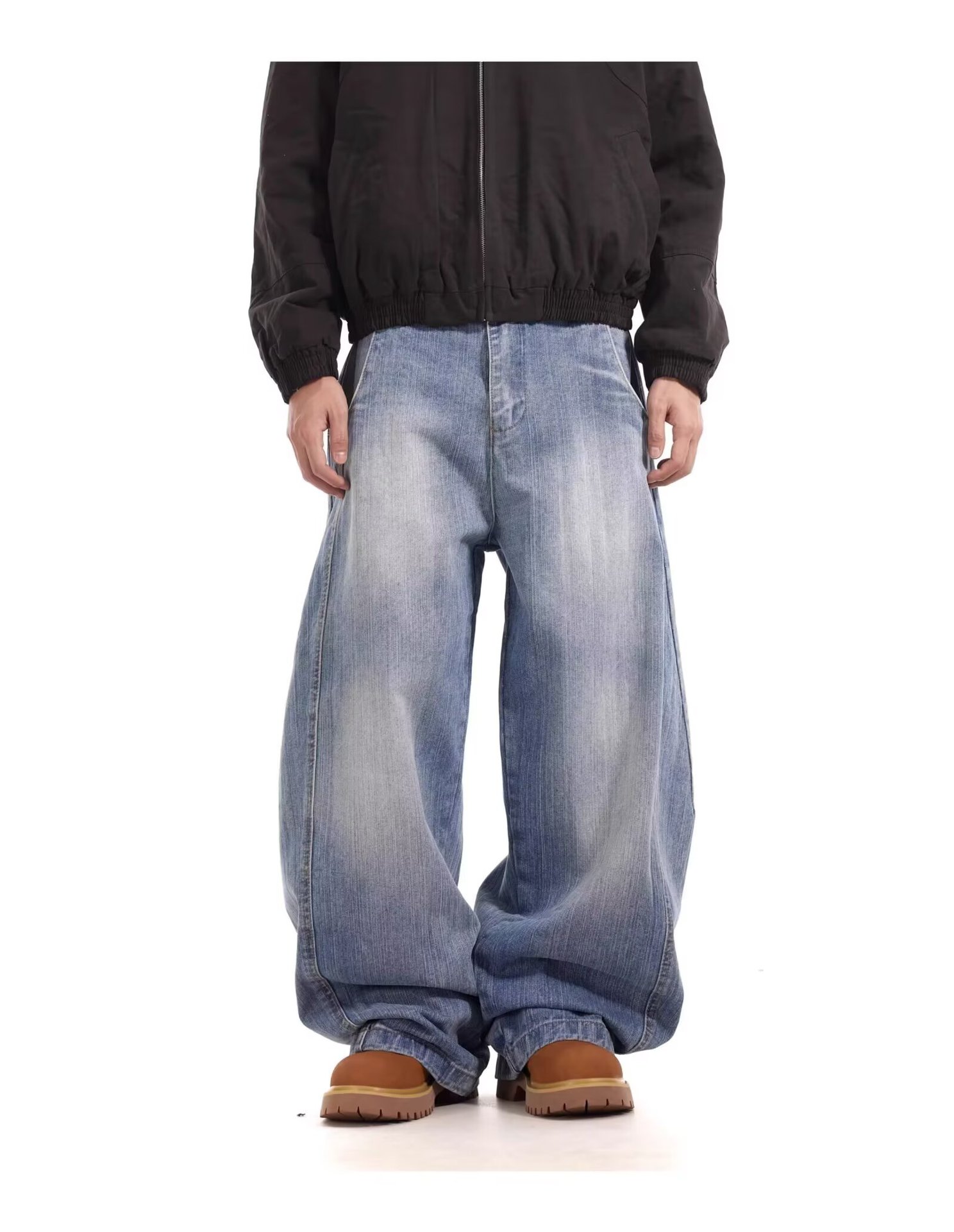 Unisex American Retro Washed Deconstructed Curved Jeans Loose Fitting Relaxed Style Wide Leg Slimming Casual Jeans_mkmklike.com