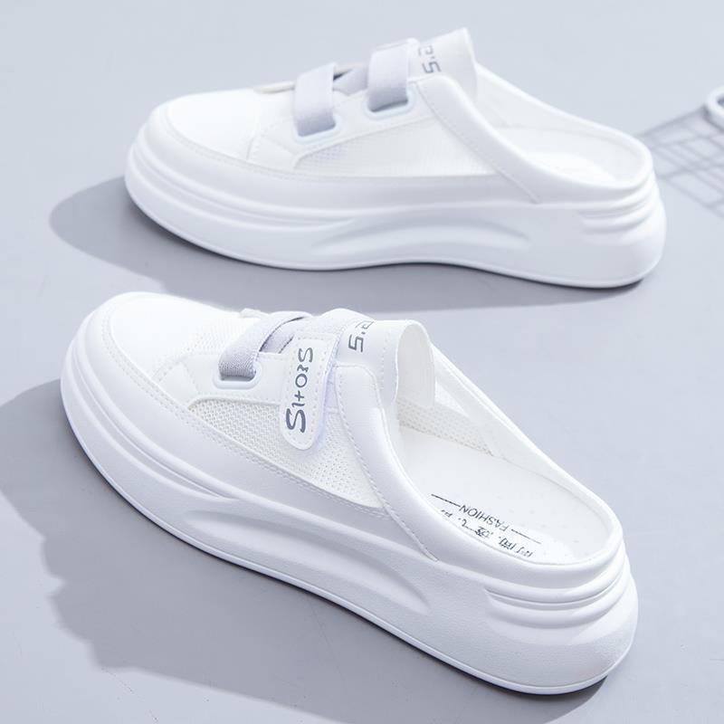Semi-pantuflas zapatos de mujer 2025 verano nuevo estilo de malla única transpirable zapatos de red sandalias de todo fósforo ropa exterior pequeña sección delgada blanca