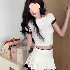 韩系学院风针织短袖上衣女拼色线条感夏季高腰显瘦a字针织百褶裙