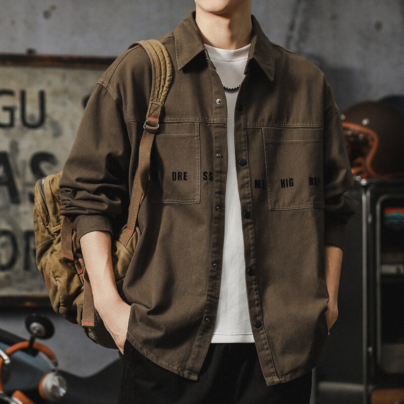 American Retro Work Shirt Men's Large Size Long-Sleeved Casual Lapel Shirt Jacket Pure Cotton Fashion Oversize