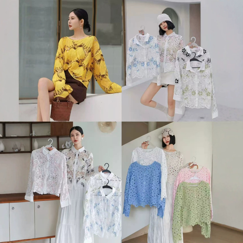 Hollow-Out Knitted Blouse, Summer Thin Hollow-Out Top for Women, Korean Style Short Loose Sun-Protective Sexy Lazy Style Hollow-Out Knitted Blouse, Summer Thin Hollow-Out Top for Women, Korean Style Short Loose Sun-Protective Sexy Lazy Style