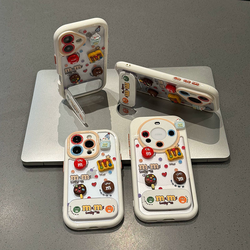 撞色小趣味M豆适用苹果16手机壳立体带支架iPhone15手机壳防摔17|undefined
