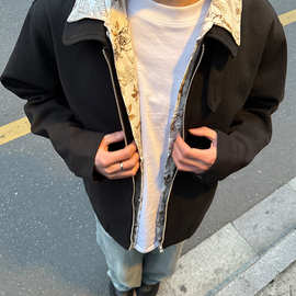 美式复古花领假两件休闲外套男女秋季设计感拉链翻领夹克