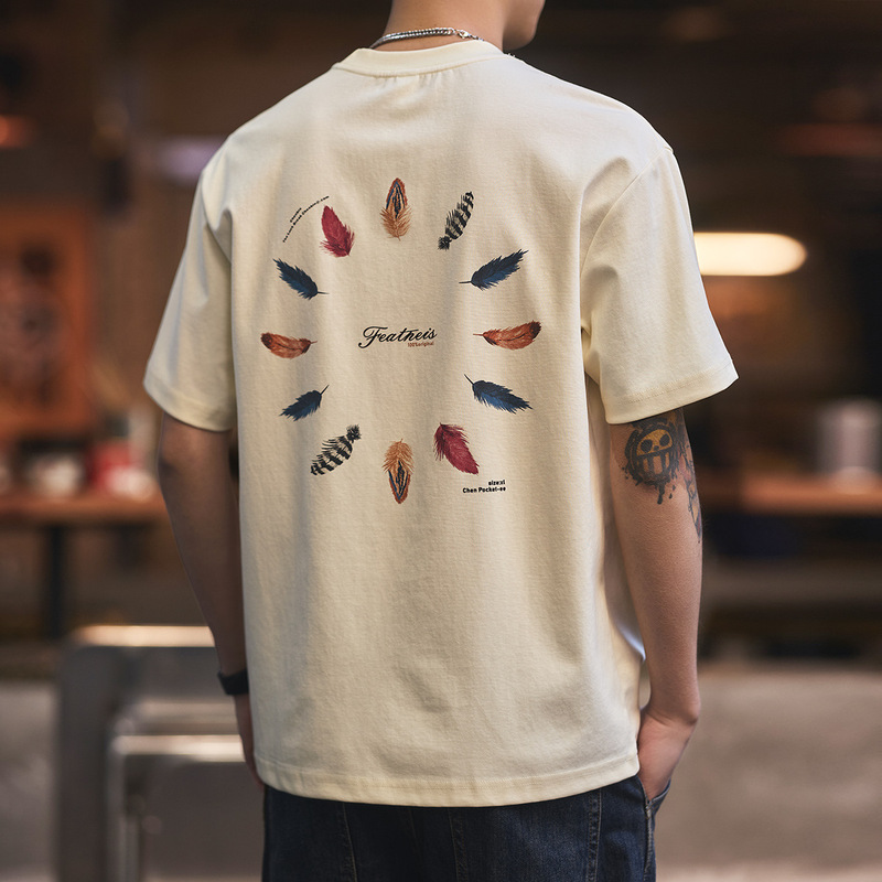 High-end American Style Retro Rice apricot Summer Short-sleeved T-shirt Men's Fun Printed Men's Trendy Brand Half-sleeved T-shirt Trendy