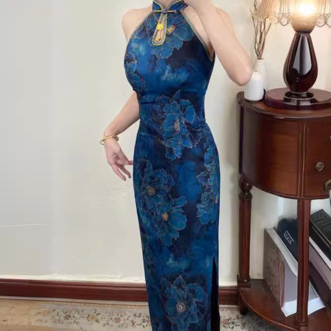 8522 # Homemade New Chinese Style Jacquard Satin Shoulder-Cut Cheongsam Dress