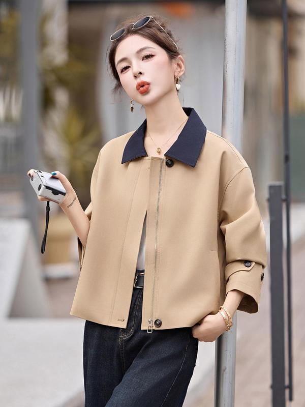 韩版撞色翻领小外套女2025秋新款休闲减龄百搭宽松小个子短款夹克|undefined