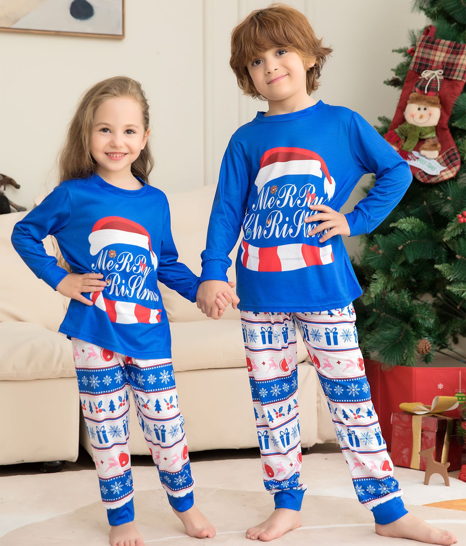 Christmas Striped letter-print home suit pajamas suit Santa hat family suit_voghion.com
