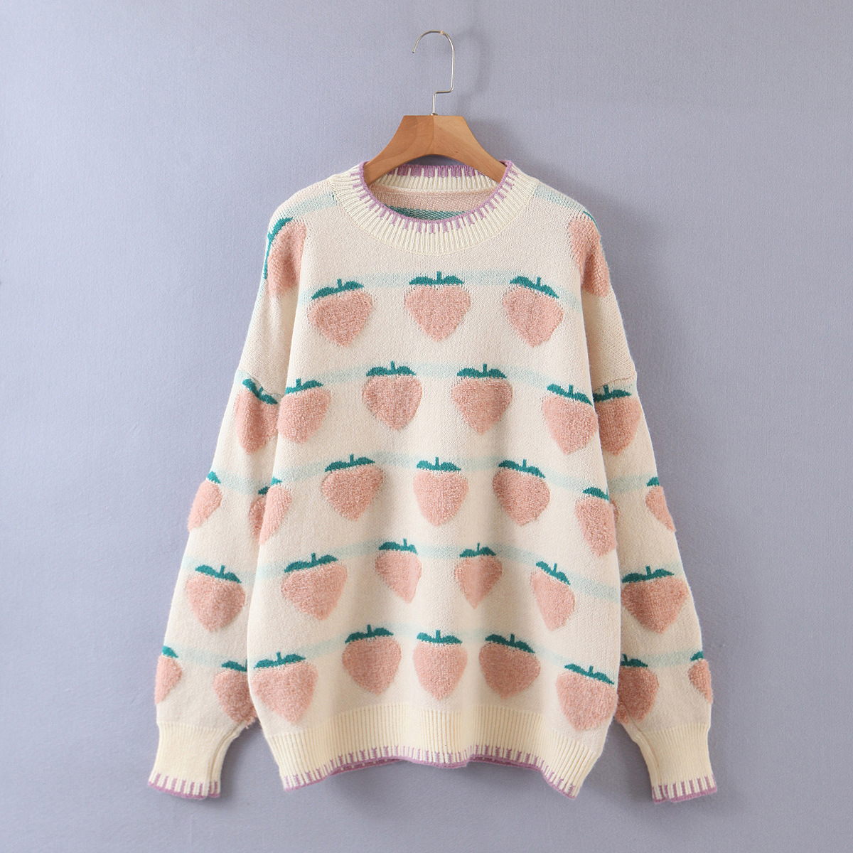 Strawberry Embroidery Round Neck Long-Sleeved Pullover Sweater NSSX73216