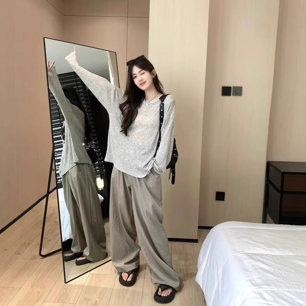 Summer grey crew neck pullover long-sleeved sun protection T-shirt, autumn loose boyfriend style lazy style air-conditioned cardigan thin top for women