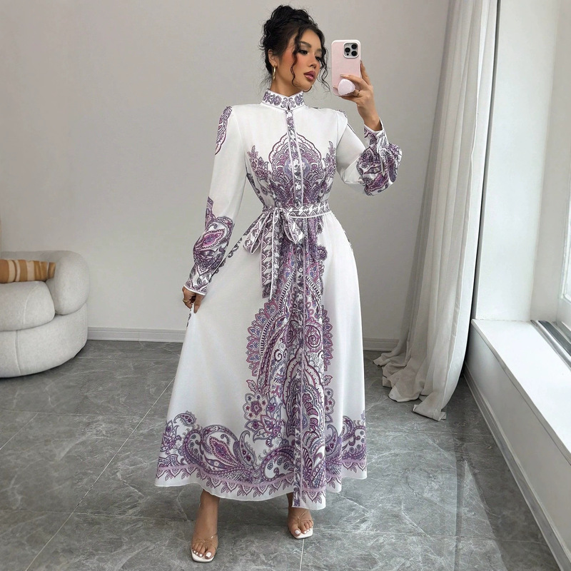 Exclusively for Cross-Border Sales: Printed Long Dress with a Flowy, Wide Hem, Shirt-Style Waist-Cinching Gown Exclusively for Cross-Border Sales: Printed Long Dress with a Flowy, Wide Hem, Shirt-Style Waist-Cinching Gown