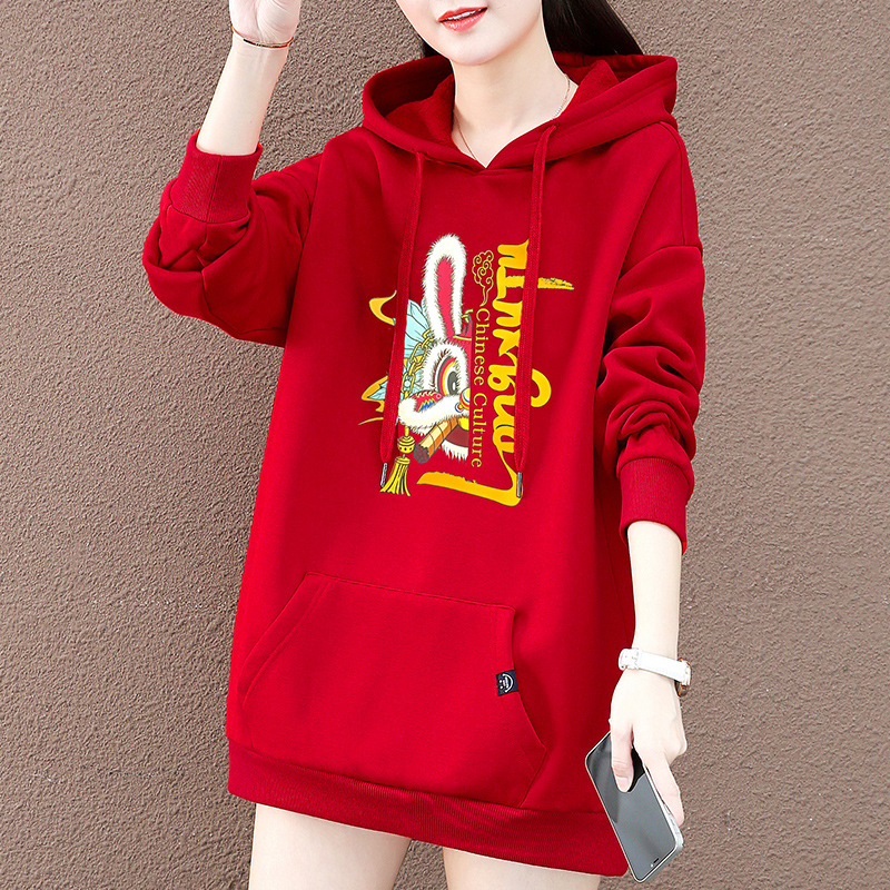 Bright red Year of fate Sweater Plush thickening 2023 new pattern Autumn and winter Easy Mid length version jacket Western style coat