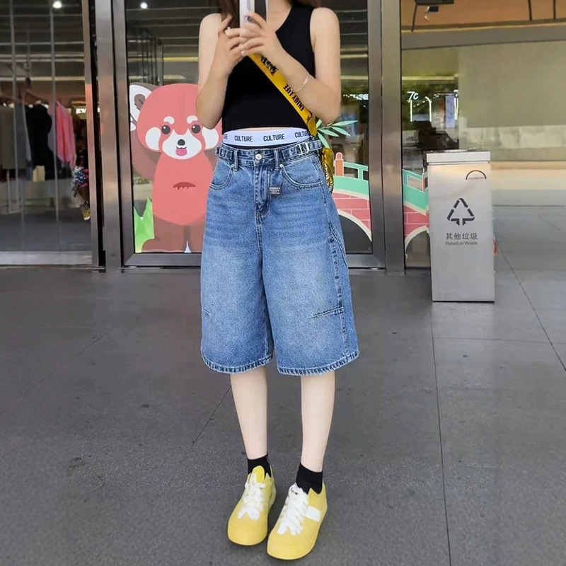 Plus-Size Vintage A-Line Denim Shorts for Women, Summer Loose High-Waisted Slimming Straight Wide-Leg Mid-Length Pants